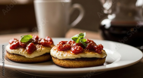 Wallpaper Mural Two mini pancakes topped with tomato sauce and basil garnish on a white plate Torontodigital.ca