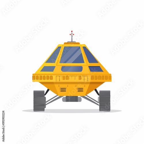 Yellow geometric space rover cartoon illustration, futuristic exploration vehicle