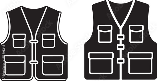 Black and white vector illustration of two fishing vests, one solid and one outlined, showcasing multiple pockets for outdoor activities and gear.