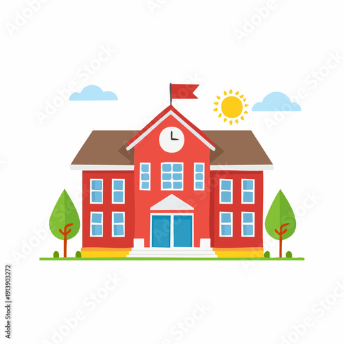 Cartoon illustration of a bright red school building with a clock, flag, and sunny day