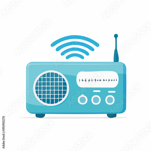 Retro blue radio with antenna and signal waves