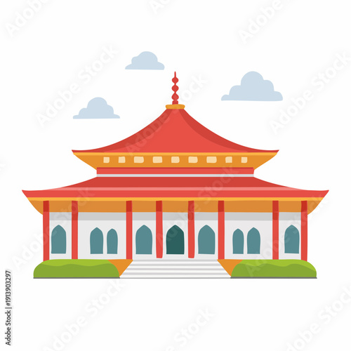 Colorful illustration of a traditional architectural structure with a red roof and cloudy sky