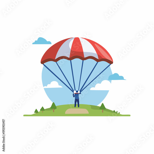 Illustration of person parachuting from a red and white parachute on a green hill