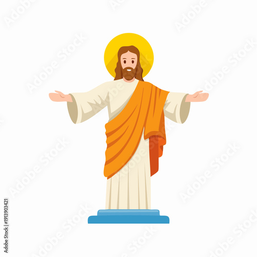 Cartoon depiction of a religious figure with arms outstretched and a golden halo
