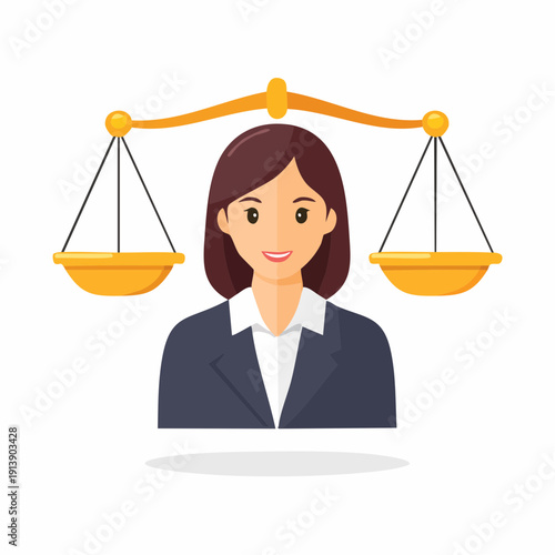 Smiling businesswoman with scales of justice, law and order concept