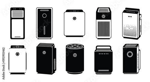 A collection of various air purifier designs in black and white