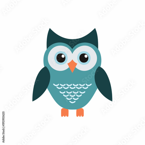 Cartoon owl illustration with teal and dark blue feathers, looking forward