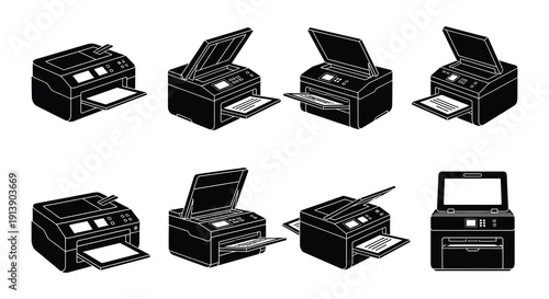 Isometric illustration of various black printers in different perspectives