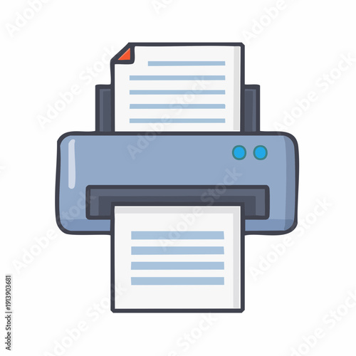 Cartoon Printer Printing Document, Paper Sheets Vector Illustration