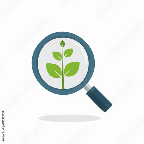 Magnifying glass examining a growing plant, environment concept