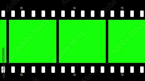 Film strip animation on green screen with cinema frame border, movie reel overlay element, retro video editing template, motion graphic transition