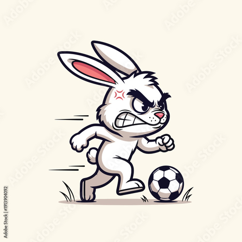 Angry white rabbit mascot intensely playing soccer, dribbling a ball in a dynamic cartoon illustration