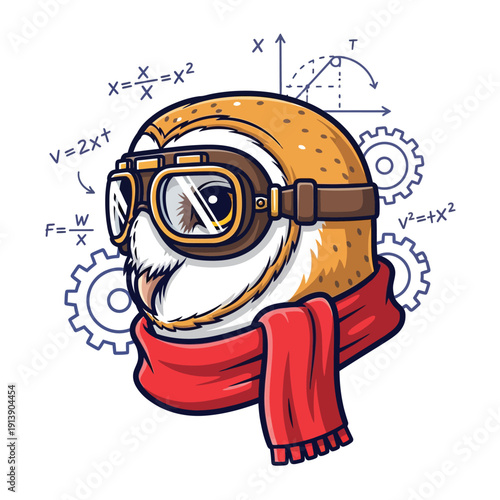 Wise Cartoon Owl Scientist Head Mascot in Goggles and Scarf surrounded by Math Formulas, Engineering Gears, and Physics Equations.
