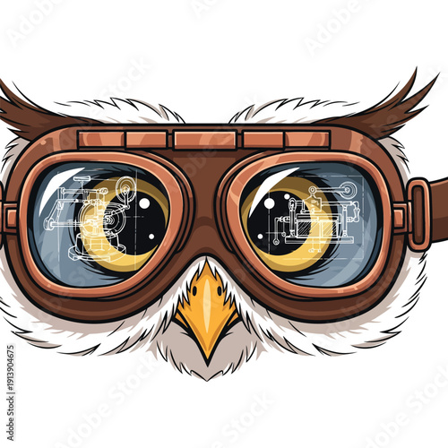 Steampunk Owl Face Vector Illustration with Aviator Goggles Reflecting Mechanical Blueprint and Engineering Schematic on White Background.