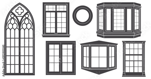 Explore Various Window Designs Including Arched Gothic Styles, Casement Windows, and Bay Windows for Home Improvement Projects, vector icon set featuring classic and modern window styles