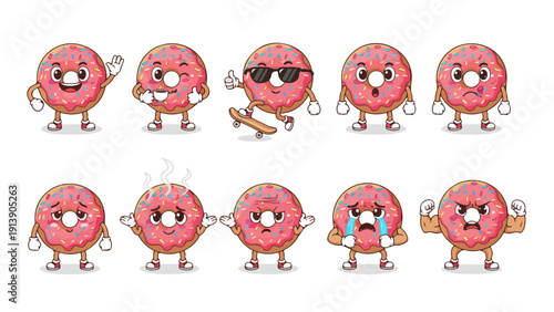Funny Cartoon Donut Characters Expressing Different Emotions and Activities, Vector