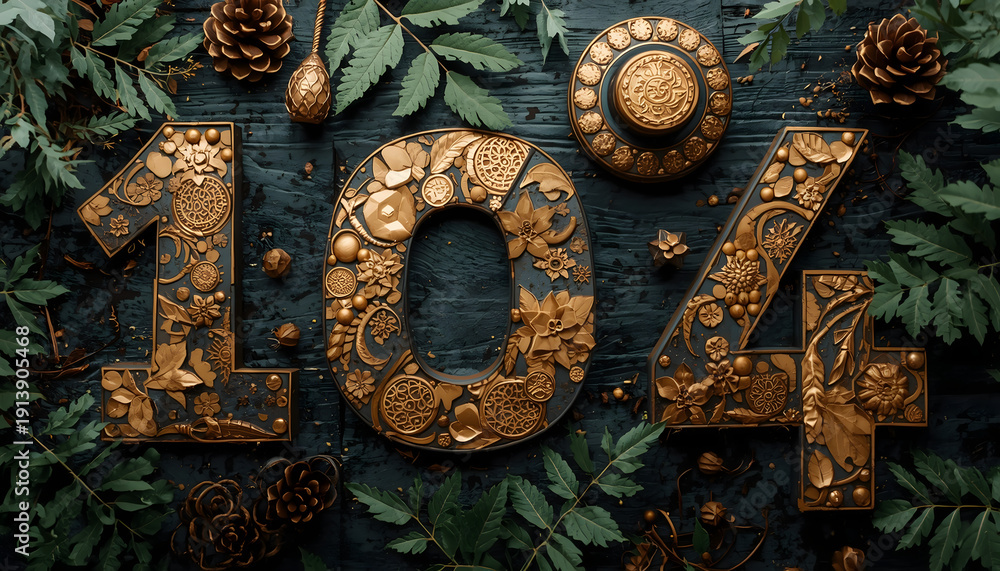 Naklejka premium Golden Embellished Number 104 with Foliage and Decorative Elements