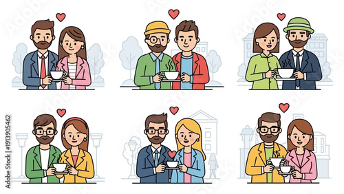 Couples enjoying coffee together with hearts above