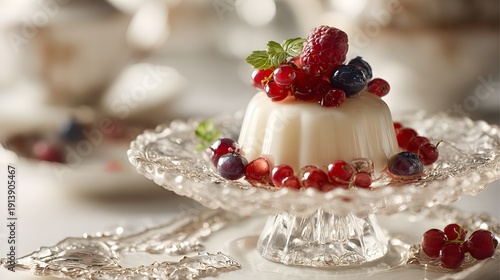 Smooth colloidal dessert adorned with vibrant anthocyanin-rich berries and a crystalline glass pedestal.