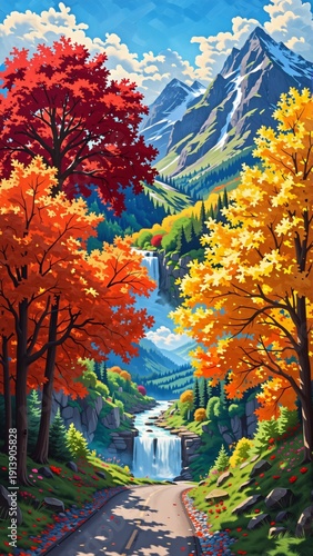 beautiful landscape mountain valley sky blue white clouds scattered across mountains covered green trees orange yellow leaves indicating autumn foreground winding road waterfall cascading down side