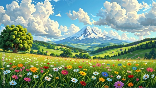 beautiful landscape mountainous area large mountain background mountain covered snow has snow capped peak sky blue white clouds scattered across foreground field colorful flowers tree side field