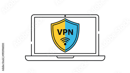 Laptop displaying a split yellow and blue shield with "VPN" and a WiFi symbol, representing virtual private network security and internet privacy.