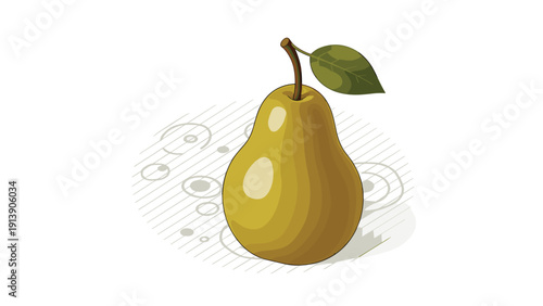 Detailed cartoon illustration of a ripe yellow pear with a green leaf and stem, set against a subtle textured background, on a white background.