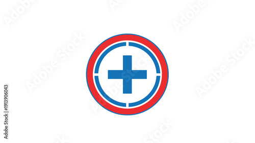 Blue plus sign enclosed within concentric red and blue circles, resembling a target, symbolizing medical aid, health, or positive addition.