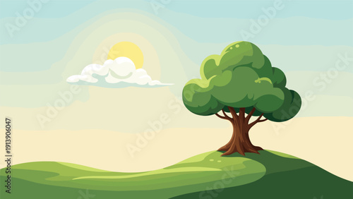 Vibrant pixel art landscape depicting a bright sunny day with a fluffy cloud, rolling green hills, and a large, verdant tree.