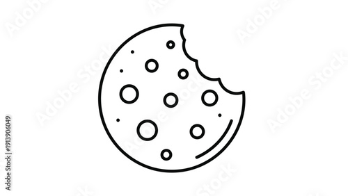 Simple line art illustration of a round chocolate chip cookie with a bite taken out, symbolizing a snack, treat, or indulgence.