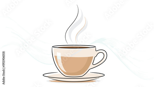 Cartoon illustration of a steaming cup of coffee or tea on a saucer, with gentle wavy lines in the background, conveying warmth and comfort.