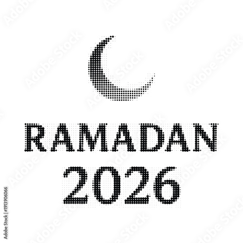 Modern pixelated graphic of a crescent moon and 2026, symbolizing a holy observance. Ideal for web, available as Transparent Background, PNG