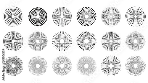 Large collection of twenty different radial dotted patterns arranged in a grid, creating halftone effects, abstract textures, or sunburst designs.