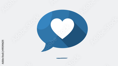 Blue speech bubble with a white heart inside and a long shadow, symbolizing liked messages, favorite conversations, or emotional connection.