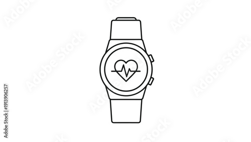 Outline illustration of a smartwatch displaying a heart rate monitor with a heartbeat line, symbolizing health, fitness, and wearable technology.