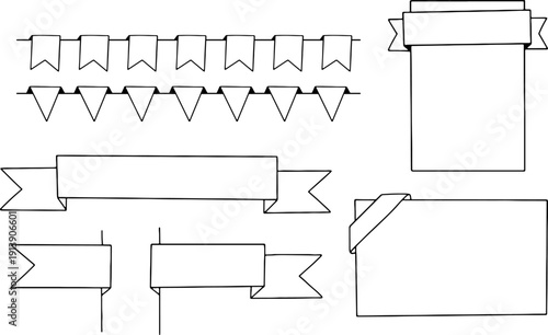 手描き風アウトラインで描かれたリボンバナーとガーランド装飾のフレームセット、ポスターやメッセージカードに使えるシンプルなモノクロベクター素材集
