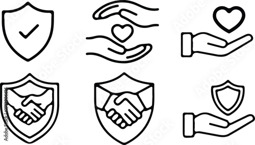 insurance security protection care shield black outline icons set vector illustration design collection 