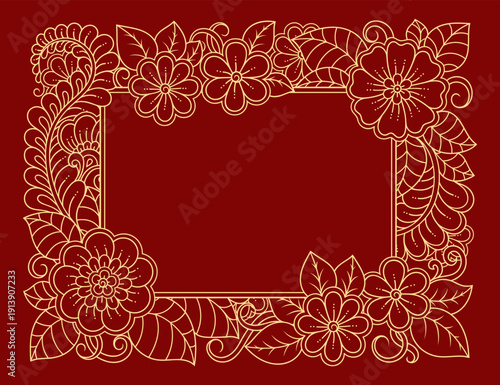 Frame in eastern tradition. Stylized with henna tattoos decorative pattern for decorating covers for book, notebook, casket, magazine, postcard and folder. Flower border in mehndi style.