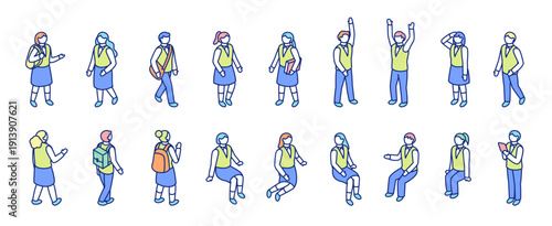 制服を着た男女の学生アイソメトリックイラストセット。