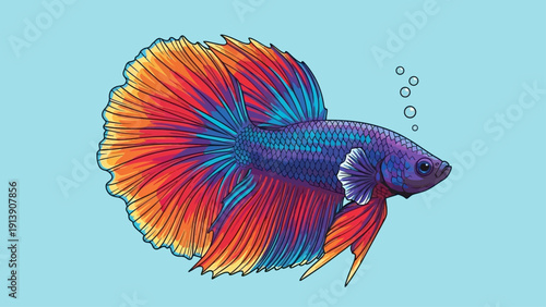 Vibrant Betta fish illustration with colorful fins swimming in blue water.