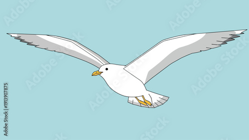 A white seagull with wings spread flies against a blue background.