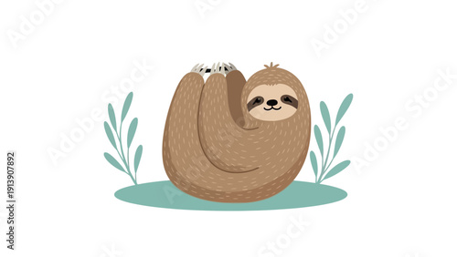 A cute cartoon sloth hanging upside down with a happy smile.