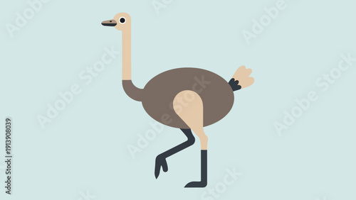 A minimalist geometric illustration of a walking ostrich on a light blue background.
