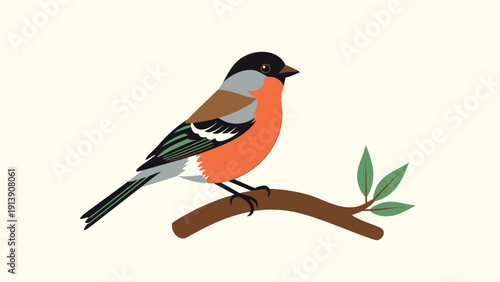Colorful bullfinch bird illustration perching on a branch with green leaves.