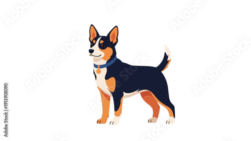 Vector illustration of a tri-color dog standing on a white background.