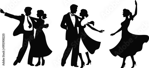 Ballroom dancing silhouettes of couples and solo dancer, elegant movement, formal attire, social dance illustration, rhythm, expressive interaction, graceful performance design