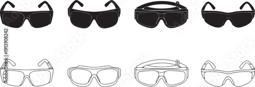 Concept of diverse eyewear protection and style A comprehensive collection of various sunglasses and safety glasses designs presented as a versatile graphic illustration set