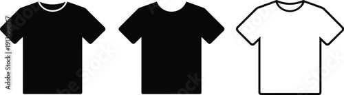 Black and white t-shirt silhouettes set, blank cotton apparel mockups for clothing design, casual shirt icons isolated on white background. (22 words)