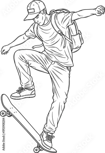 Teenage boy with backpack performing a skateboard trick, dynamic illustration in a bold, black and white comic book style.