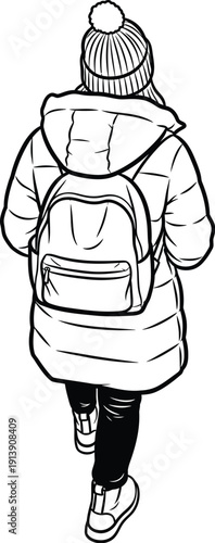 Teenage girl walking away, wearing a puffer coat, beanie, and backpack, illustration in a simple black and white comic style.